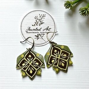 Jeweled Art Hand-Painted Geometric Mandala Split Leaf Wood Engraved Earrings
